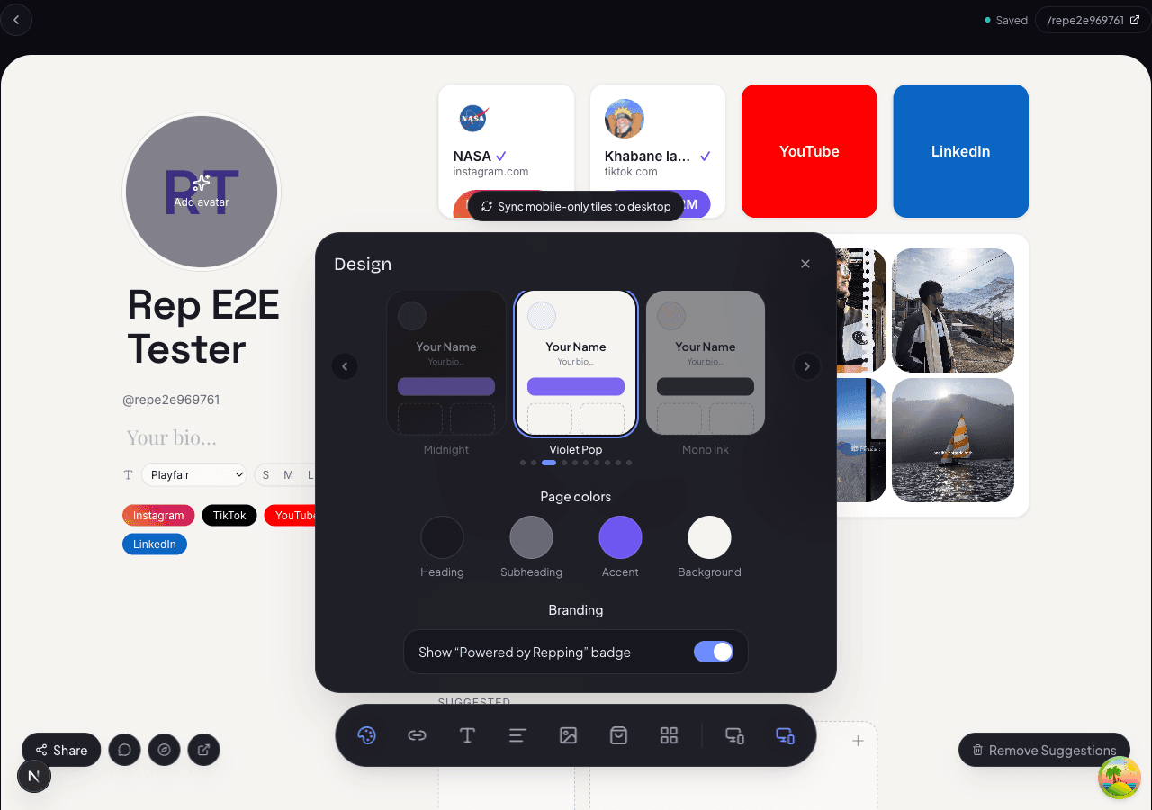 Repping.AI editor showing branding controls