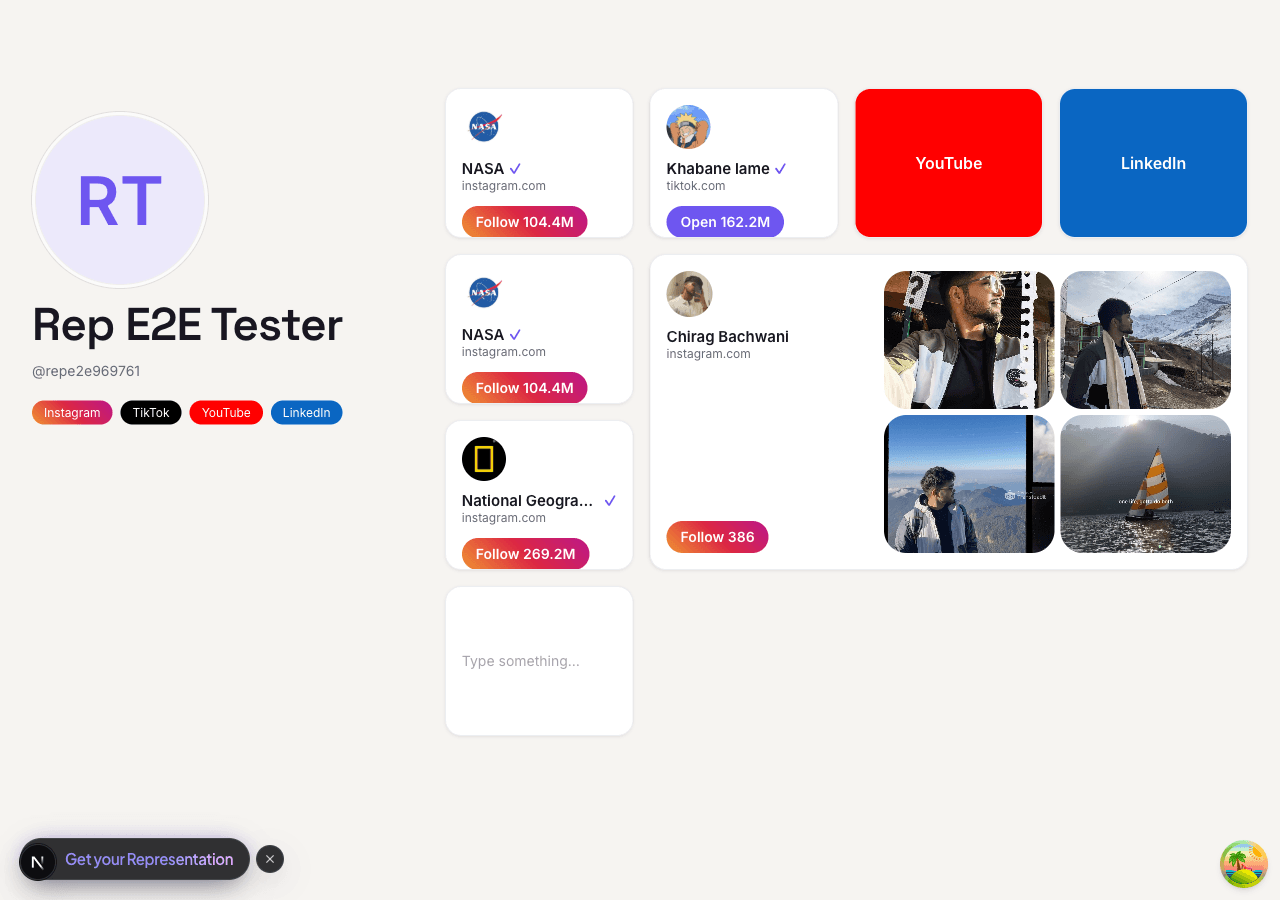 A Repping.AI public link-in-bio page with profile cards, links, and tiles